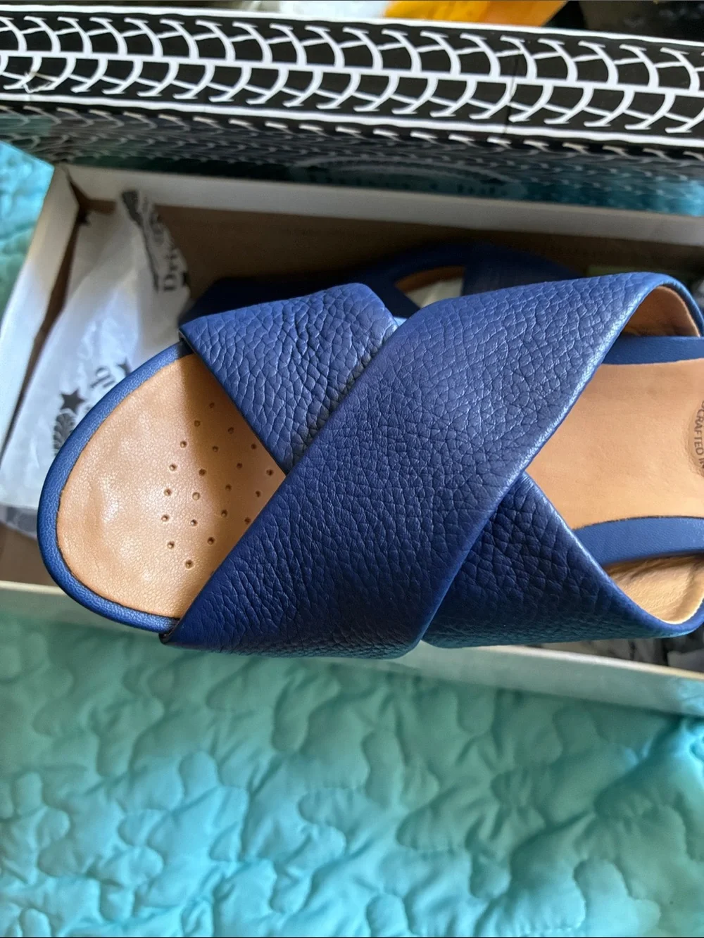 Driver Club USA Navy Leather Crisscross Wedge Sandals.